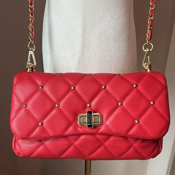 Badgley Mischka Red Quilted Shoulder Bag Clutch Gold Chain Studs Vegan Leather - Picture 2 of 10